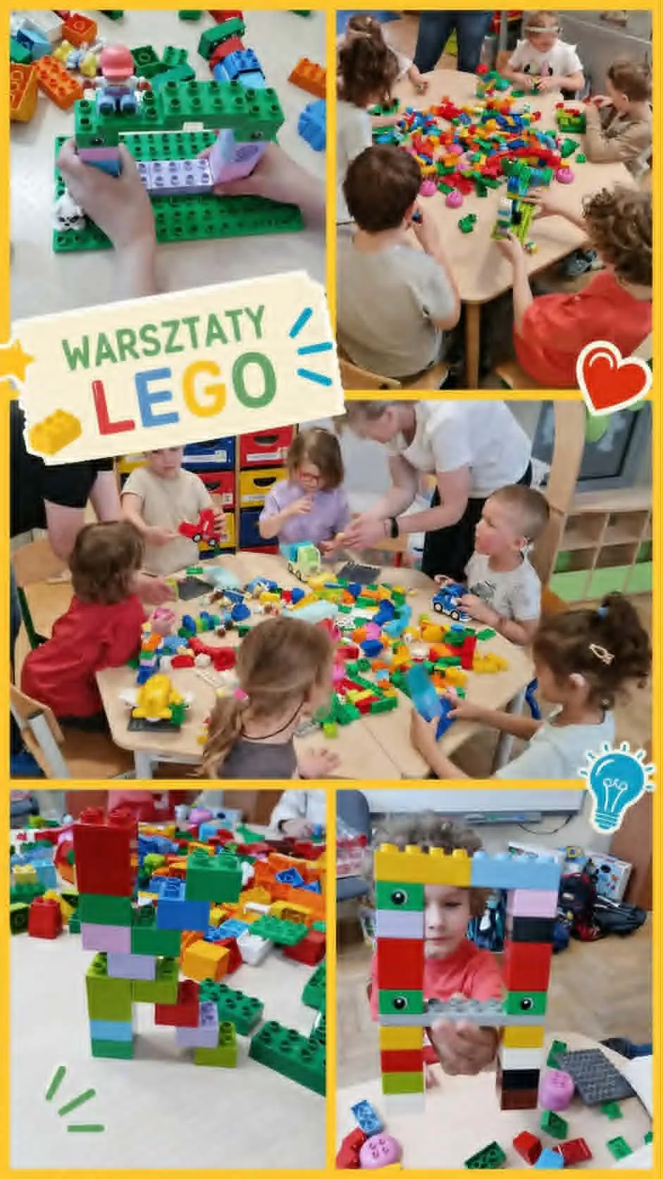 Przedszkolaki podczas warsztatów LEGO wspólnie budują kolorowe konstrukcje z klocków. Dzieci rozwijają kreatywność, wyobraźnię oraz zdolności manualne, pracując indywidualnie i w grupach.