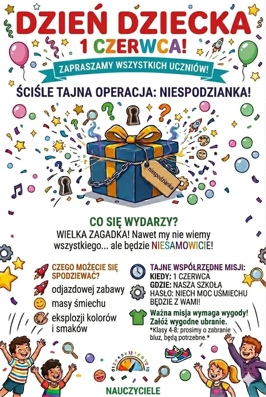 Plakat informujący o szkolnych obchodach Dnia Dziecka z niespodziankami, zabawami i atrakcjami dla uczniów.