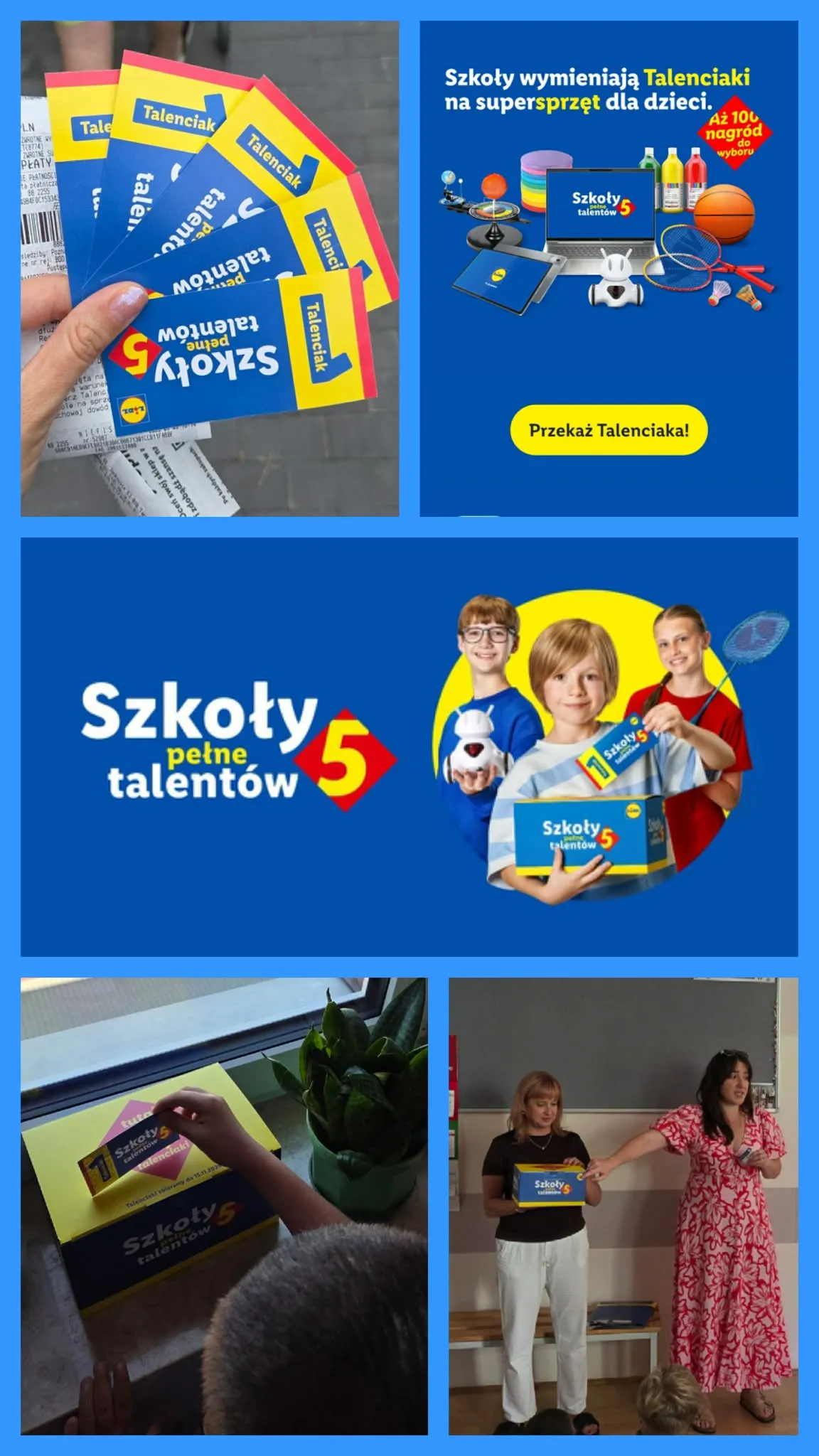 Kolaż promujący akcję „Szkoły Pełne Talentów”. Na zdjęciach widoczne są Talenciaki, materiały promocyjne akcji oraz szkolna zbiórka kuponów.