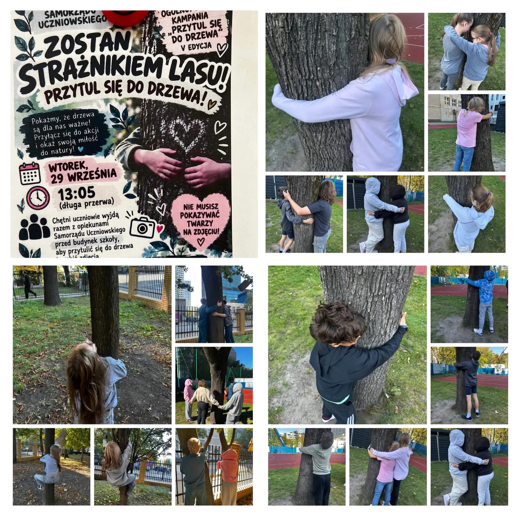 Uczniowie biorą udział w szkolnej akcji „Przytul się do drzewa”, obejmując drzewa na terenie szkoły i pokazując w ten sposób troskę o przyrodę i środowisko.