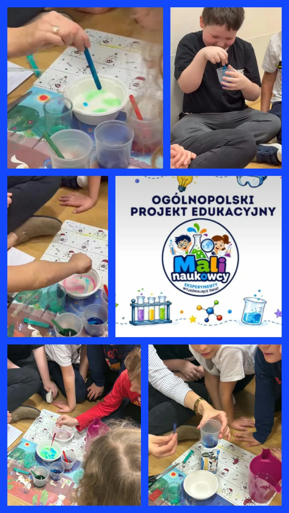 Uczniowie realizują ogólnopolski projekt edukacyjny „Mali naukowcy”, przeprowadzając doświadczenia z mlekiem i kolorowymi barwnikami.