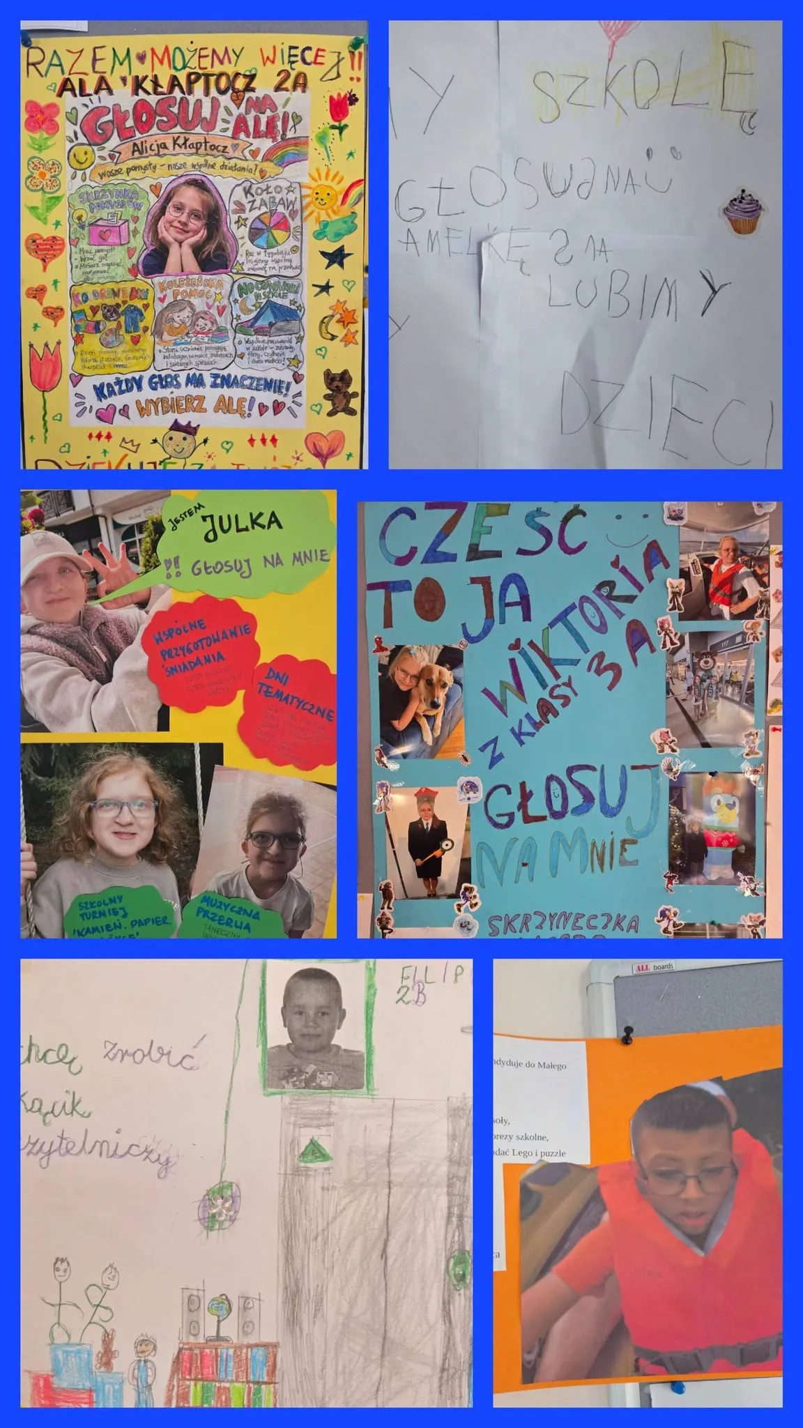 kolaż zdjęć plakatów wyborczych kandydatów do Małego Samorządu Uczniowskiego