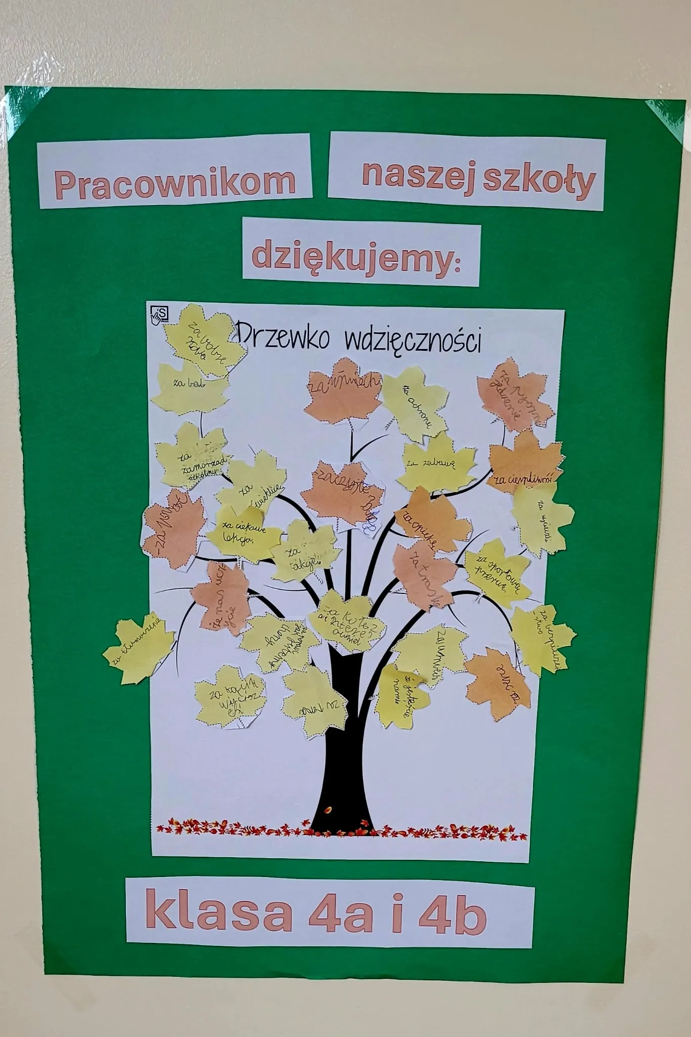 Zielona tablica z napisem „Pracownikom naszej szkoły dziękujemy”, przygotowana przez uczniów klas 4a i 4b. Na środku znajduje się drzewko wdzięczności ozdobione kolorowymi, jesiennymi liśćmi z odręcznie napisanymi podziękowaniami dla pracowników szkoły.