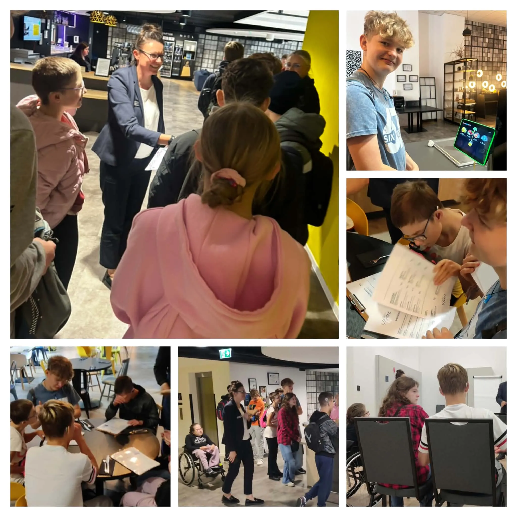 Uczniowie podczas wizyty edukacyjnej w hotelu. Młodzież poznaje różne stanowiska pracy, wykonuje zadania praktyczne i obserwuje funkcjonowanie obiektu hotelowego.