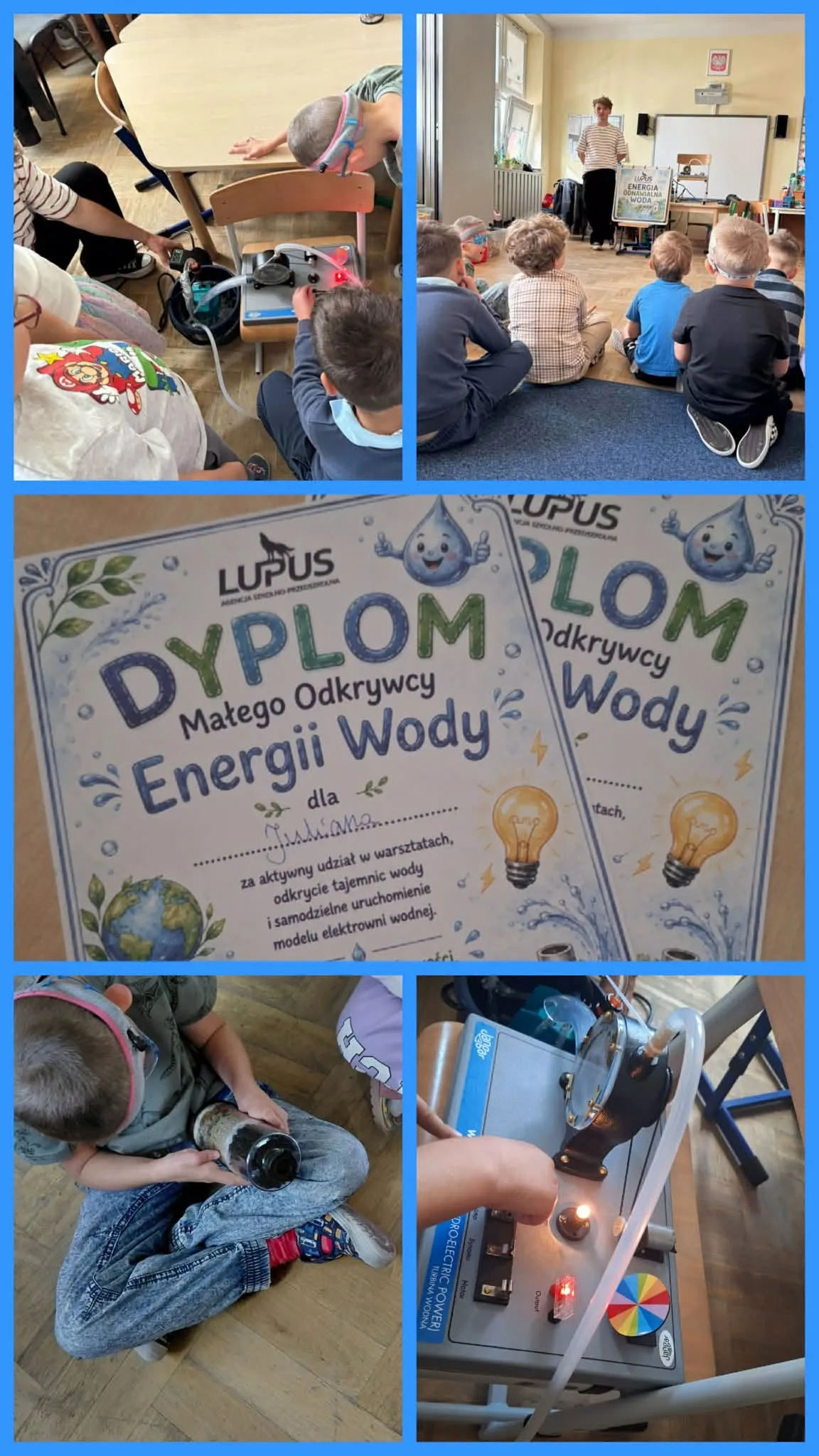 Kolaż zdjęć przedstawiający dzieci podczas warsztatów edukacyjnych o energii wodnej, eksperymenty z modelem elektrowni oraz dyplomy uczestnictwa.